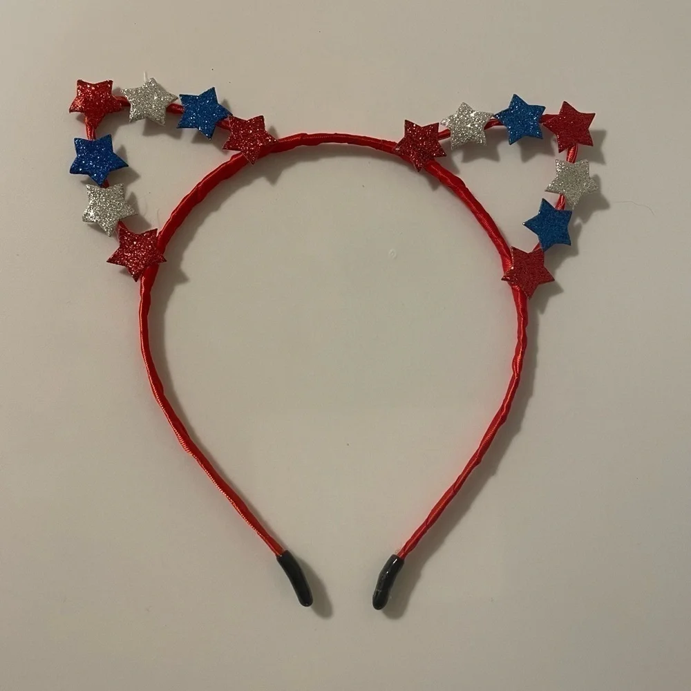 Red Blue Silver Glittery Tiny Stars White Wire Cat Ear July 4th Headbands 2Pc